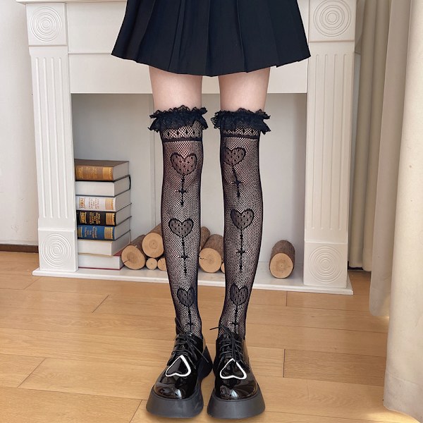 Kawaii Lolita - mustat kalanverkkosukkahousut, seksikkäät, jacquard, tikkaripitsi, polven yläpuolella,