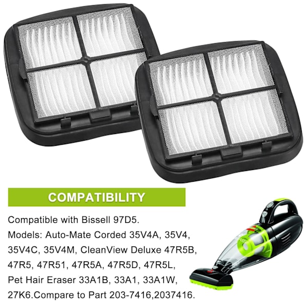 97D5 Filter Udskiftning til Bissell Pet Eraser Ledningsfri Håndstøvsuger 33A1B 33A1 33A1W 27K6 Udskiftning # 203-7416 B004152MH4 2031432 (Pakke med 2)