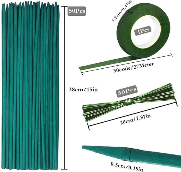 50 st gröna växtstödpinnar stödpinnar bambu stödpinnar med 30 meter papperstejp och 50 växtbindningar växtpinne