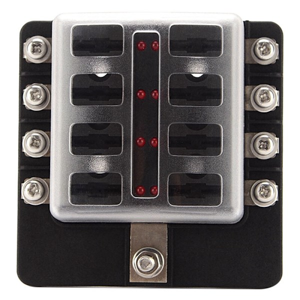 8-vejs sikringsboks, sikringsblokke med LED-indikator, 10 sikringer, 10 bilkonnektorklemmer, båd, campingvogn, 12 V lastbil, 24 V
