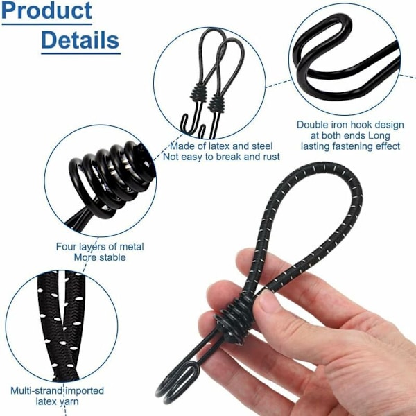 10 stk. elastiske gummistropper med spiralformede kroge, korte elastiske stropper, presenningsstropper med dobbelte kroge