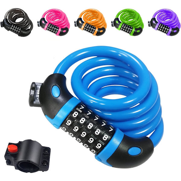 Blå cykel lås, cykellås lang 120cm x 12mm, kabellås til cykel scooter motorcykler cykelport med 5-cifret smart kode og klapvogn cykel, cykel lo