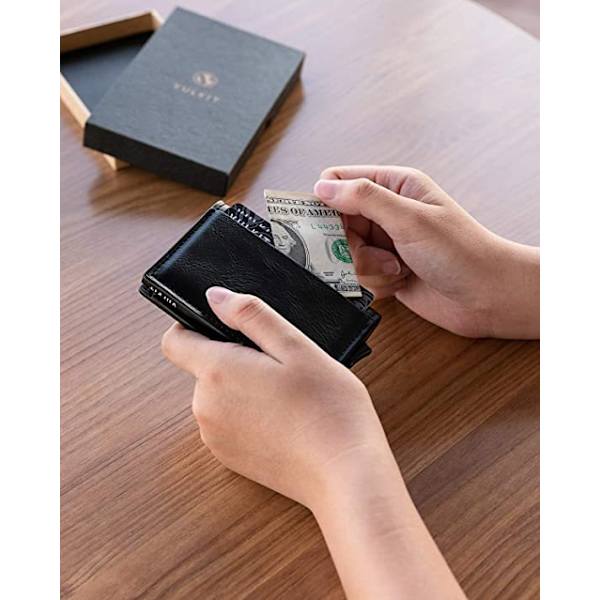 Mörkbrun RFID-blockerande kreditkortshållare i äkta läder, pop-up-kortplånbok med sedelfack, ID-fönster, myntficka och magnetlås