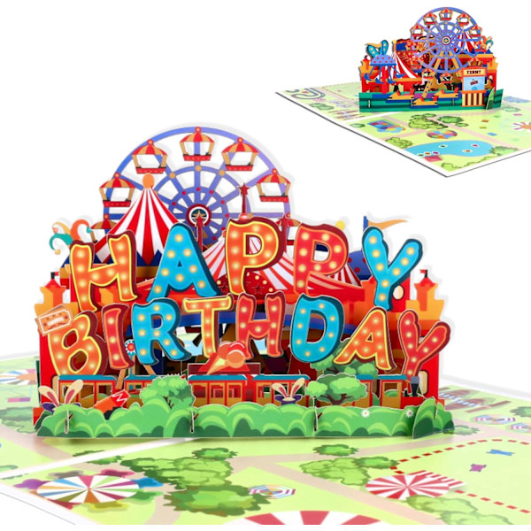 Grattis på födelsedagen-kort, 3D pop-up-kort med återvinningsbart kuvert, karneval födelsedagskort