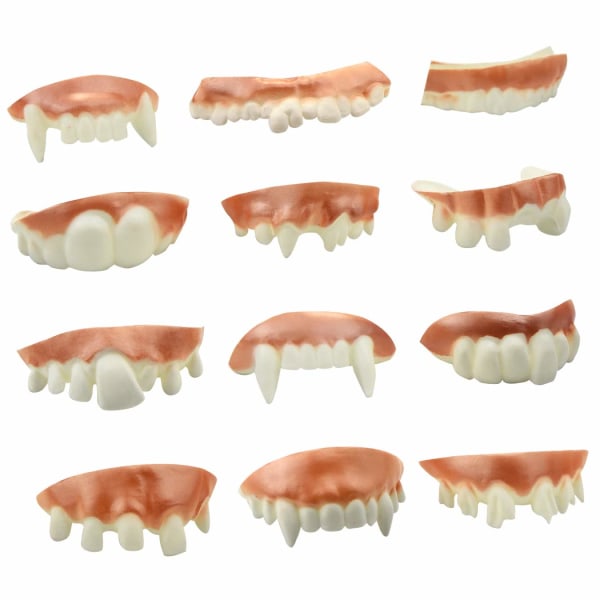12 stycken knotiga tänder gaggande tänder fula falska tänder vampyrtänder för halloween Kostymfest gynnar foton rekvisita (12 stilar)