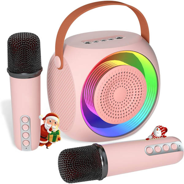 Karaoke-maskine til børn, Bluetooth-højttaler med 2 trådløse mikrofoner og LED-lys, julefødselsdagsgaver til piger (lyserød farve)