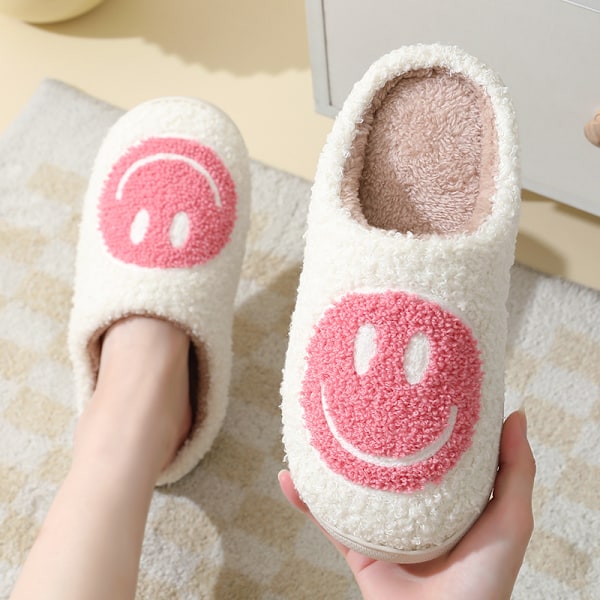 Smiley kvinners vinter varme tøfler plysj tøfler rosa (35-36)