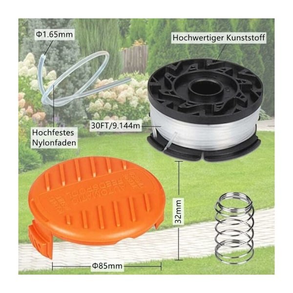 Paket med 8 skärspolar kompatibla med Black and Decker skärspolar, trimmerhuvuden (6 skärtrådar, 2 lock, 2 fjädrar)