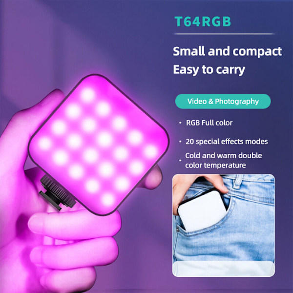 T64RGB Taskulamppu LED Mini LAMP RVB Valo Valokuvausvalo 2500k-9000k ± 200k CRIS värilämpötila, 65 helmeä 3 suurta tukea