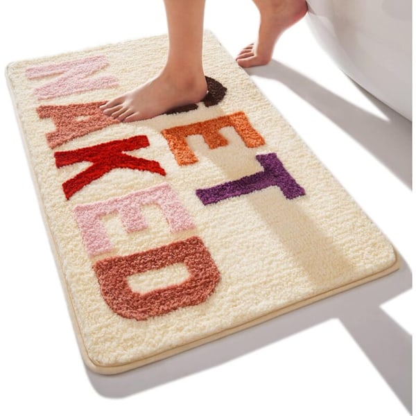 Halkfria badrumsmattor i mjuk mikrofiber - mönstrade färgade bokstäver - 40 x 60 cm - maskintvättbar - beige beige
