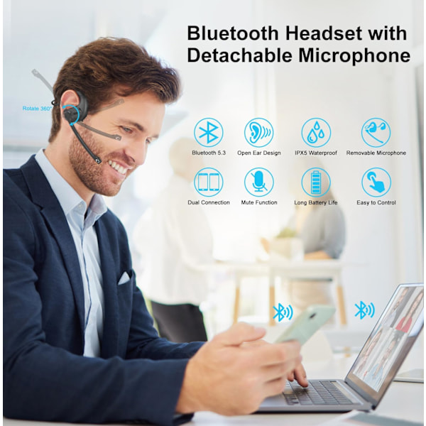 Bluetooth Headset - Aftagelig mikrofon, DSP støjreduktion, 12 timers batteritid til telefon/PC/laptop