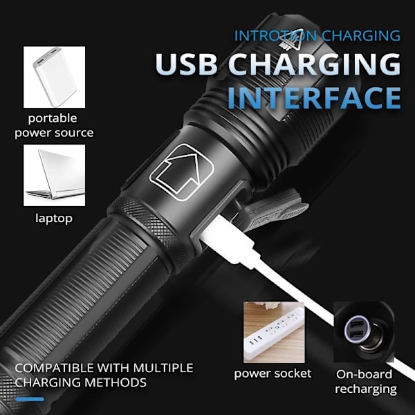 XHP50 starkt ljus utomhus självförsvar aluminiumlegering hög effekt USB uppladdningsbar ficklampa