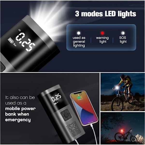 Bildækpumpe, 6000mAh Bærbar luftkompressor Trådløs dækpumpe 150PSI med digital LCD-skærm, Elektrisk Velo-pumpe med LED-lampe til Trotti