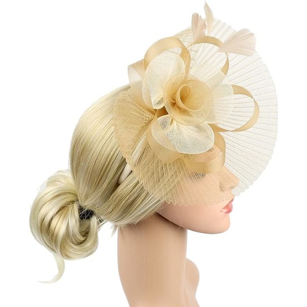 Gull - Parykk Dame Hibi Bryllup Fjær Hodeplagg med blomster og fjær Elegant hårklemme pannebånd og klips for cocktail te-selskap kvelds seremoni b