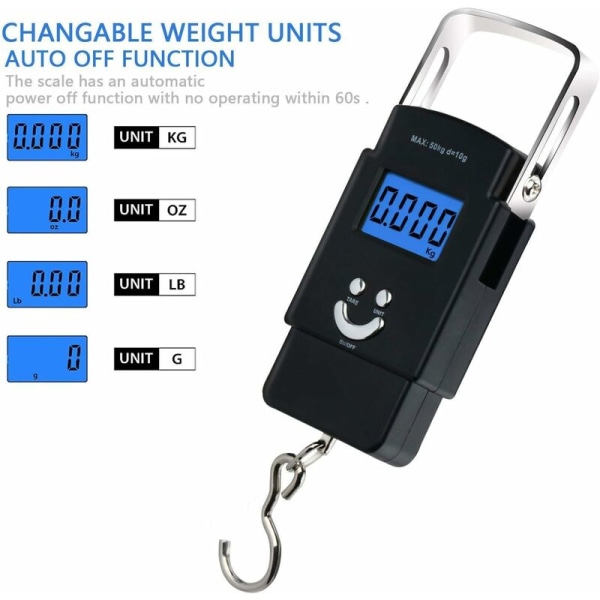 Elektronisk fiskevekt, fiskevekt 50 kg/110 lbs, digital fiskepost hengende krokvekt med målebånd med bakgrunnsbelyst LCD-skjerm, 2 AAA-flaggermus