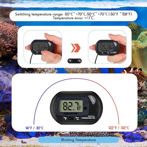 Akvariumtermometer LCD digitalt vanntermometer med vanntemperaturprobe og sugekopp for akvarium reptil marint habitat