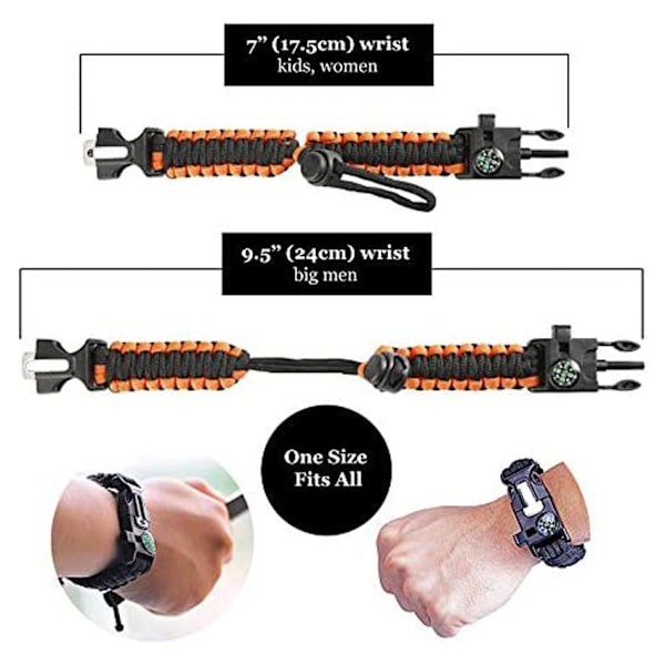 Paracord-rannekoru, jossa on kova pilli, hätäkompassi, selviytymistulen sytytin, kaavin ja tarvikkeet patikointiin, leirintään, kalastukseen ja metsästykseen (1 pakkaus)