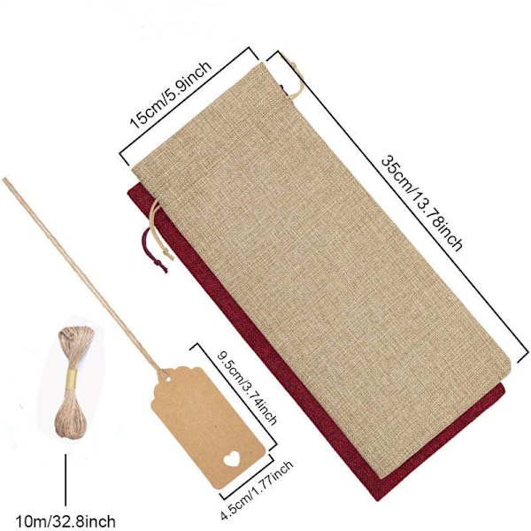 12-delt jute lerret vinpose, gjenbrukbare gaveposer for vinflasker med strammesnor, gavelapper, bryllup, bursdag, høytidsfest (beige)