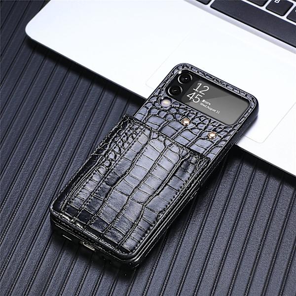 Krokotiilikuvioinen kotelo, yhteensopiva Samsung Galaxy Z Flip 4:n kanssa, PU-nahkainen suojakotelo korttipaikalla, musta