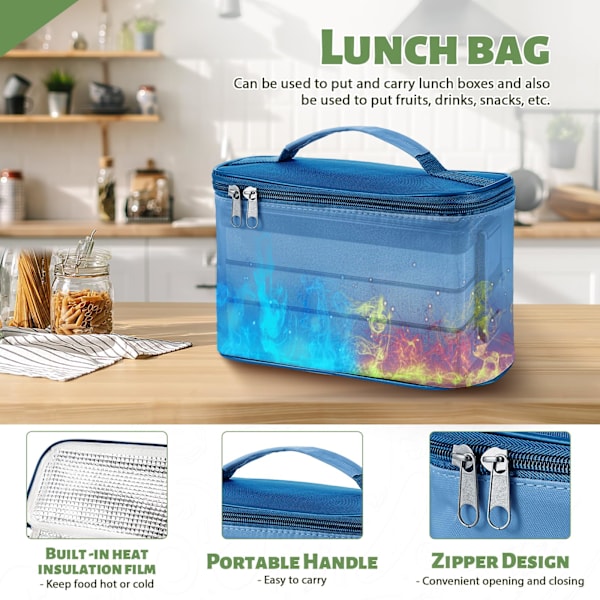 1450 ml 3-vånings lunchlåda med bestickset, lunchlåda med isolerad väska lämplig för studentkontor Vuxen kontor Mikrovågsugn Diskmaskinssäker (Blå)