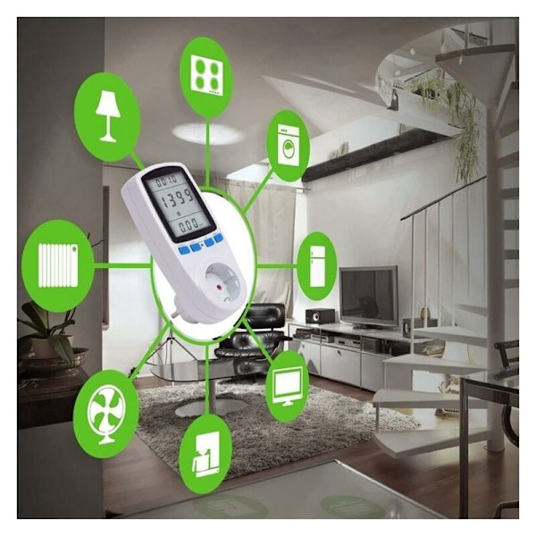 Vit kontakt med energimätare, LCD, 16A, 230V, 50Hz, Elförbrukning, Ampere, Spänning, Maximal effekt 3680 W