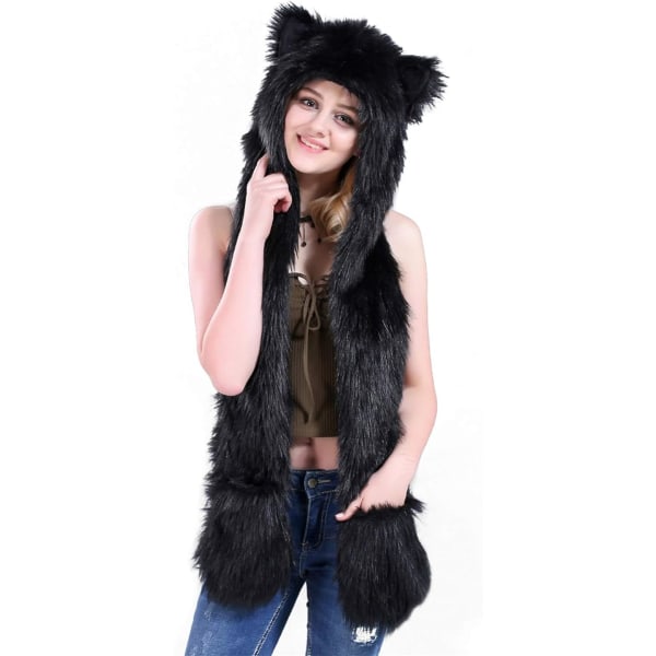 Style Girls Hooded Scarf Hat Gloves Set 3-in-1 Winter Hat with Scarf and Gloves Faux Fur Wolf Bear Hat Ear Flaps Hat Long Scarf with Gloves