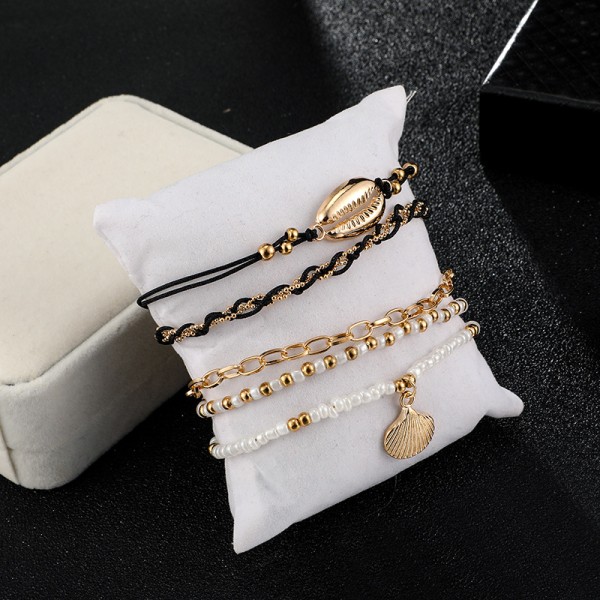 5-delt Bohemian Shell Charm Charm Vedhæng Ankel Sæt Sort Læder Kæde Vævet Reb Perle Perle Ankel Kæde Bohemian Strand Kvinder og Piger Smykke