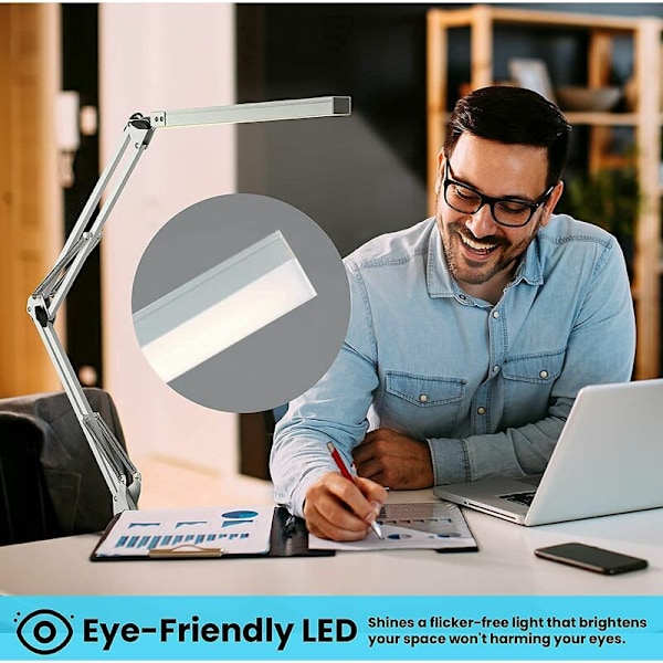 LED skrivebordslampe, sammenleggbar arkitektlampe med klyper, 10 lysnivåer x 3 fargemoduser, justerbar bordlampe, øyebeskyttelse, 5V/2A denne adapteren