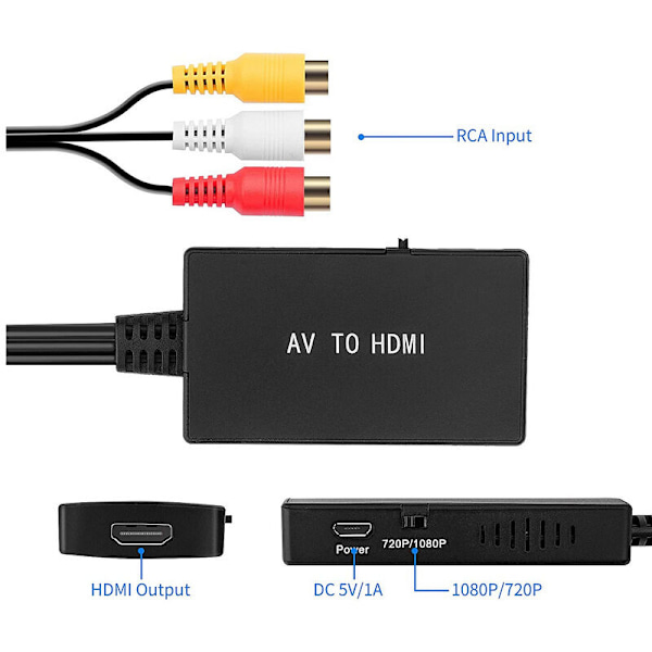1 Svart RCA til HDMI adapter, AV til HDMI konverter, RCA inngang, videoutgang, lydadapter for Sky/DVD/STB for visning på HDTV ZHQRCA03