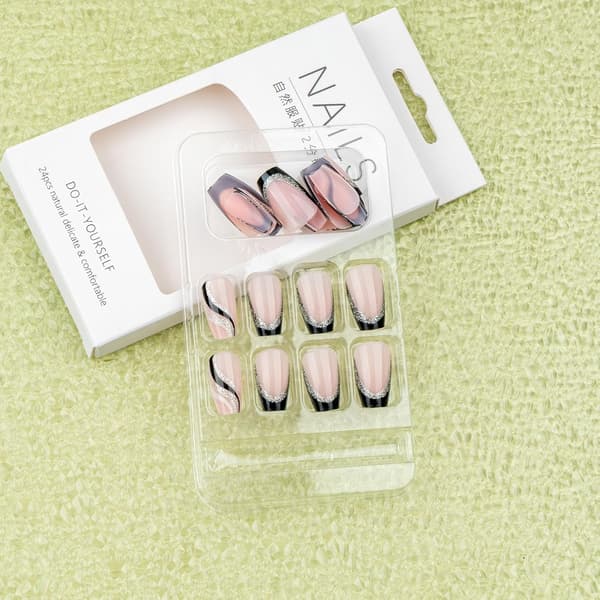 24-Pack Press-on Nails Medium Coffin Black Fake Nails with Swirl Design Fake Nails