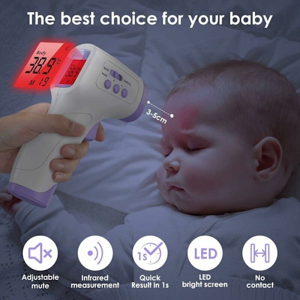 Infrarødt termometer til voksne med 2 i 1 feberalarm, 2 i frontal kontakt med frontal funktion, LCD-display, infrarød baby voksen i