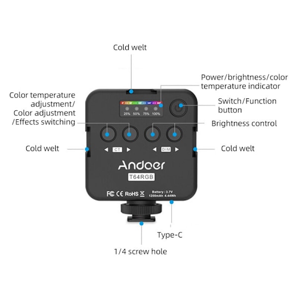 T64RGB Taskulamppu LED Mini LAMP RVB Valo Valokuvausvalo 2500k-9000k ± 200k CRIS värilämpötila, 65 helmeä 3 suurta tukea