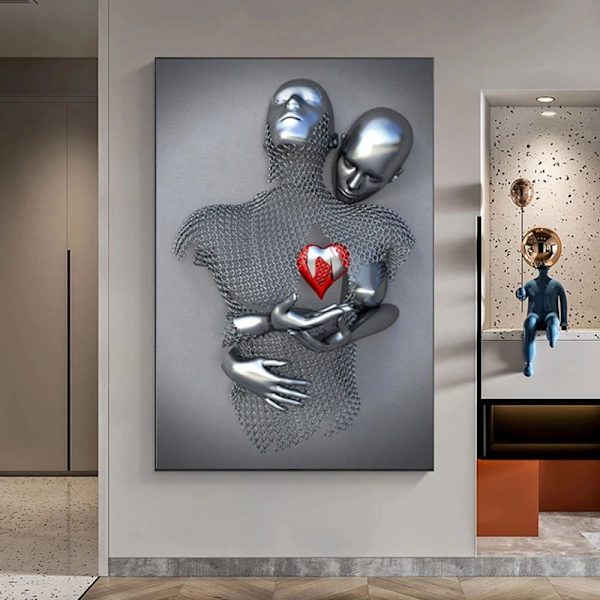 Kärleks hjärta 3D-effekt väggkonst abstrakt metallsculptur duk modern målning väggdekor 30*40cm