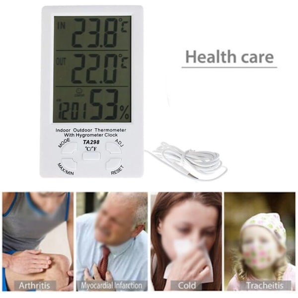 Digital Termometer Hygrometer, LCD Digital Termometer med Sond, Inomhus- och Utomhushygrometer, Temperatur- och Fuktighetsmätare, Sensortestare för Kyl