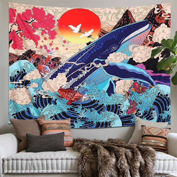 Ukiyo-e-veggteppe med havbølger, koi, hval, solnedgang - Stor dyre-veggdekorasjon for soverom og stue