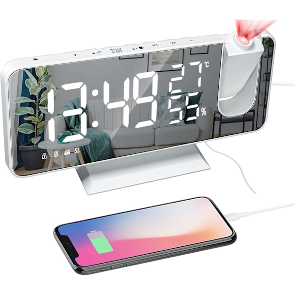 Digital Projektionsväckarklocka för Sovrum, Radioväckarklocka med Takprojektion, Dubbel Alarm, USB-Laddningsport, 7,3 tum Stor LED-Spegel, Hög Ljudvolym
