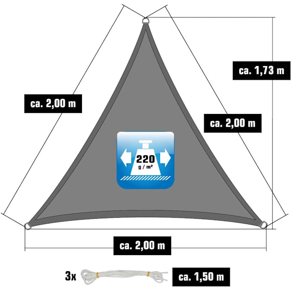 2x2x2 m HDPE Trekant Solbeskyttelse - Balkon Have Dække Grå