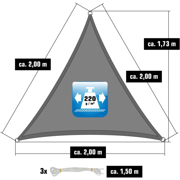 2x2x2 m HDPE Triangel Solbeskyttelse - Balkong Hagedkke Gra