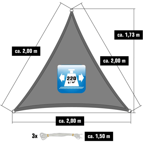 2x2x2 m HDPE Triangulær Solskjerming - Balkonghagedekke Grå