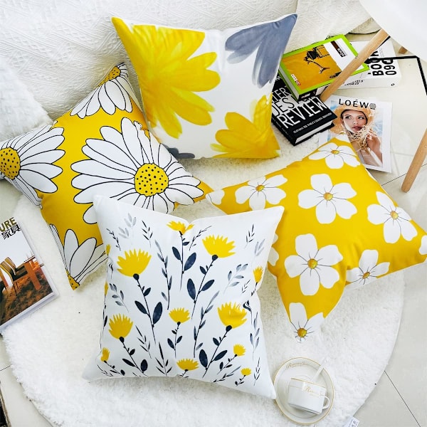 Utendørs putetrekk Gult sennep Blomster Daisy Hageputer Sett med 4 putetrekk Hjemmedekorativt for sofa Stue Utendørs Grå Flo