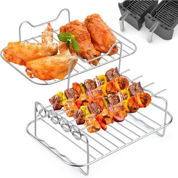 304 Rustfritt Stål Airfryer Tilbehør, Dobbeltlags Multifunksjonell Rist med Grillspyd Kompatibel med Ninja Foodi AF300EU / AF400EU, Airfryer Tilbehør