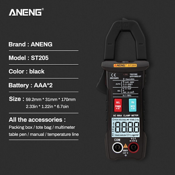 ST205 Digital Multimeter med AMBERTY Automatiskt Område på 4 000 punkter True RMS AMPEREMETER AMPERE AC/DC DC NCV Resistans Automatisk Be