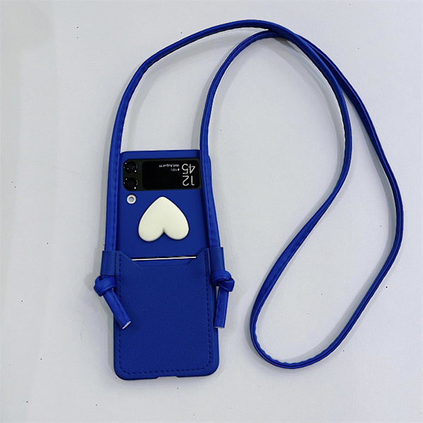 Hjerteformet etui kompatibelt med Samsung Galaxy Z Flip 4, PC-ramme PU-lær støtsikker deksel med snor Blå