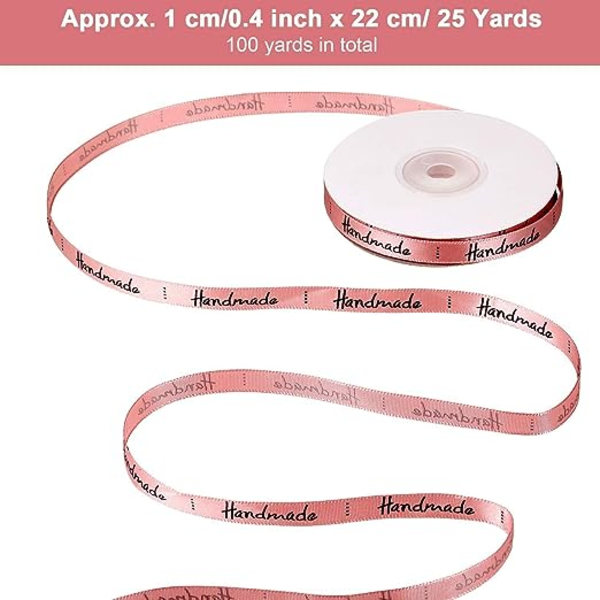 4 rullar dekorativa satinband, handtryckta polyesterband, används för presentförpackningar, rosa och beige, varje rulle är 22 m lång