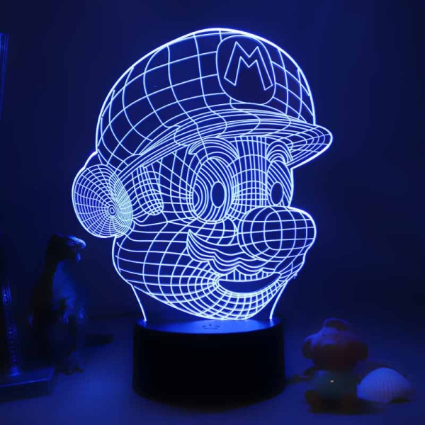 3D natlampe Touch switch skrivebordslampe (3D Mario natlampe), 7 farveskiftende lys, med akrylplade, ABS-base og USB-kabel