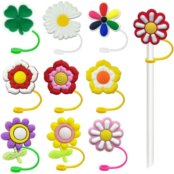 10 Pack Cute Colorful Flower Silicone Straw Låg Genanvendeligt Støv Pr