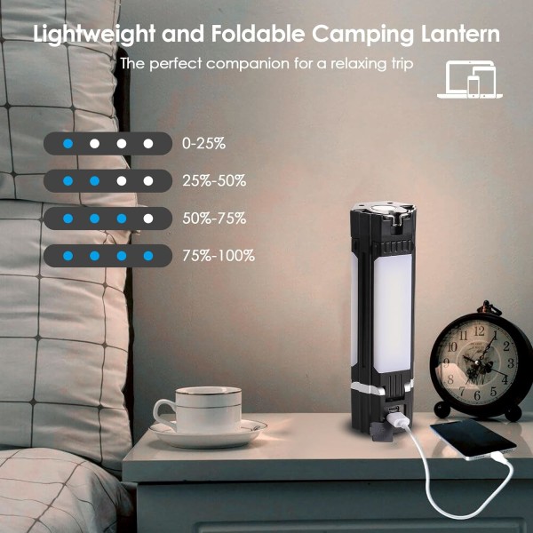 Campinglys - Oppladbar LED-campinglys - Elektrisk campinglys USB 5 moduser, 3000mAh bærbar powerbank, sammenleggbar