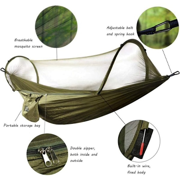 Campinghängmatta med myggnät, 1-2 personer, portabel och lättviktig, pop-up fallskärm för utomhusbruk eller camping, resor, strand (250 x 120 cm/Armégrön)