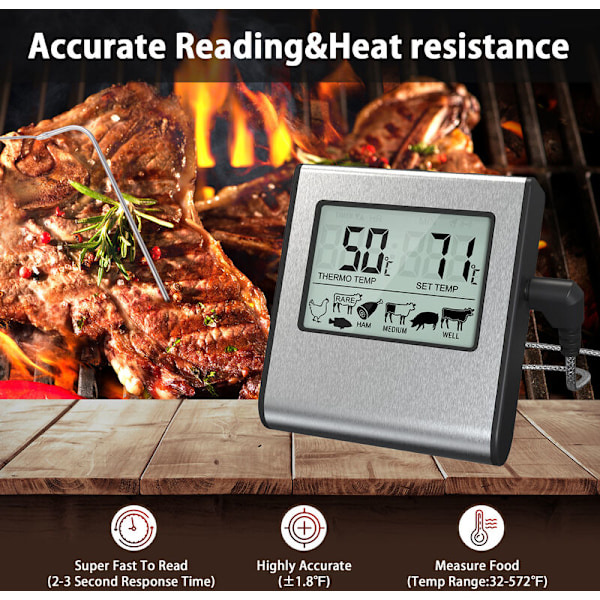 Digital kötttermometer med stor LCD-skärm för rökugn, kök, grilltermometer med timer och temperaturprob i stål