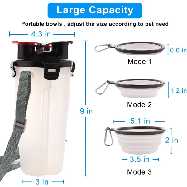 Hundevandflaske med 2 sammenleggbare skåler Bærbar 2 i 1 vannflaske og mat til hunder Katt Kjæledyr, Reiseflaske for tur, trening, fotturer, Ca